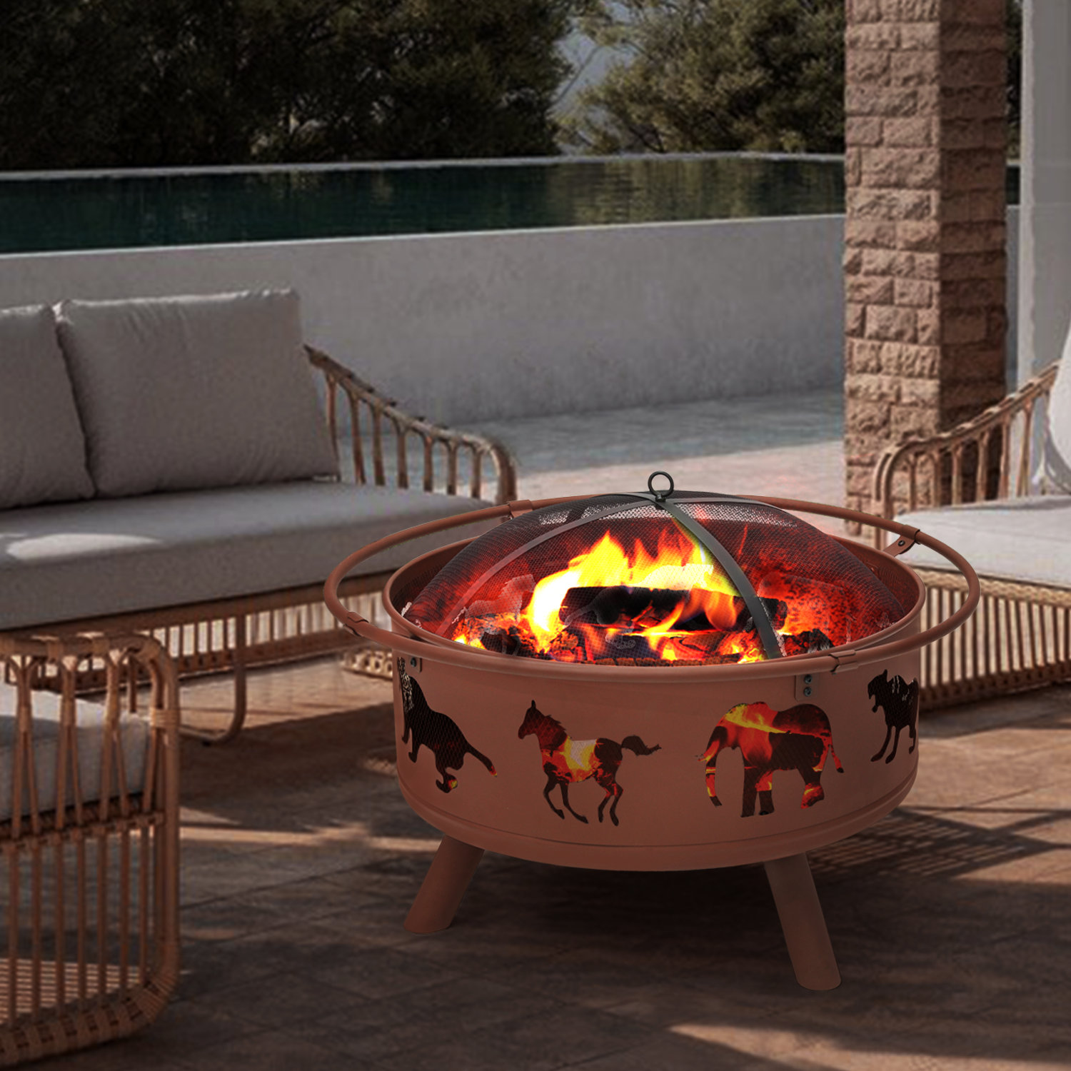 Bring Home Furniture 32" Wood Burning Firepit, Iron Fire Pit With Spark